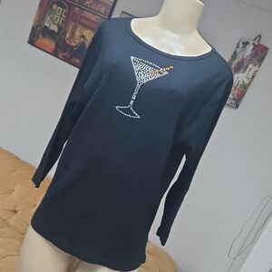 Women's Black Long-Sleeve Top with Rhinestone Cocktail Motif